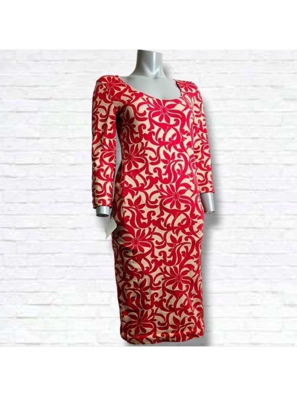 Wolford "Nahla" Red Floral Print Scoop Neck Bodycon Midi Dress Size M